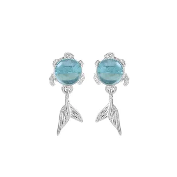 Ocean Styl 925 Sterling Silver Modrá Mořská panna Crystal Stud Náušnice Pro Ženy, Romantické Náušnice Šperky Brincos pendientes eh677