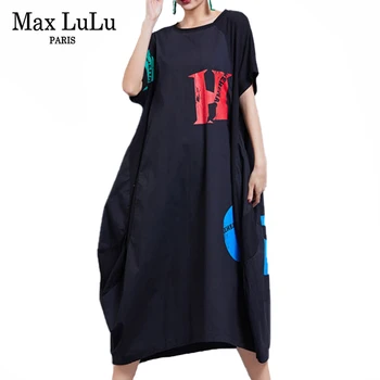 Max LuLu 2020 Korejský Letní Módní Streetwear Dámy Tištěné Elegantní Šaty Dámské Volné Černé Šaty Nadměrně Velké Ženské Vestidos