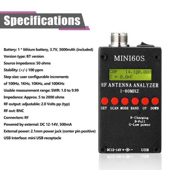 Mini60S 1-60MHz HF ANT SWR Antény Analyzátor Měřič Tester s operačním systémem Android BT APLIKACE, PC