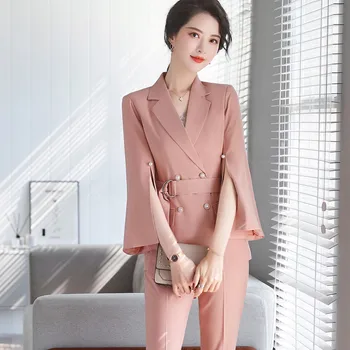 Růžové Kalhoty Suit Ženy 2020 Nová Móda Temperament Profesionální Formální Sako a Kalhoty Office Dámy Rozhovor Práce Nosit