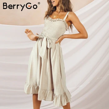BerryGo ženy šaty prohrábnout elegantní špagety popruh šaty Ruched křídla luk dlouhé šaty letní šaty Sexy ženy vestido 2019