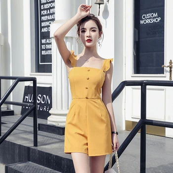 Kombinézy pro Ženy v Létě roku 2020 korejský Módní Volánky Špagety Popruh Kombinéza Krátké Dupačky Žluté combinaison krátké femme S95