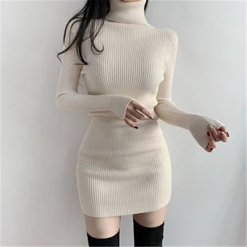 2020 podzim zima Elegantní Šaty Svetr Ženy Vysoký Límec Snadné Sexy Elegantní Pevné Měkké vysoce kvalitní Pletené slim