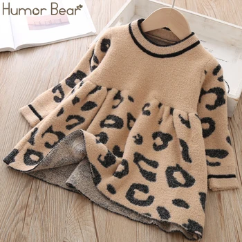 Humor Bear Dívčí Šaty Dlouhý Rukáv Podzim Zima Děti Pletené Šaty Teplé Nové Dívky Leopard Crystal Svetr Batole Šaty