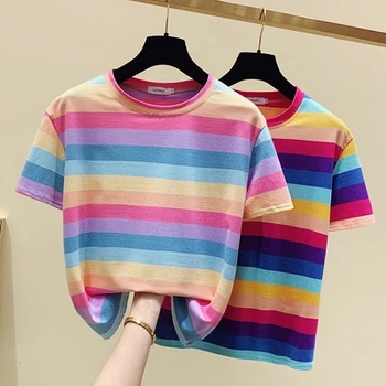 Dívky Rainbow Pruhované Bavlněné Tričko Ženy Topy Móda Krátký Rukáv Ženy T-shirt Tee Femme 2020 Nové Letní