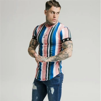 Letní nové pánské běžecké tričko posilovna fitness móda krátký rukáv T-shirt přiléhavé rychlé sušení ležérní Trička pruhované T-shir