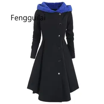 XL~4XL Ženy Asymetrické Plus Velikost Fleece s Kapucí, Jediné Breasted Dlouhý Drap Tlačítka Gothic Kabát Manteau Femme Trenčkot Černý