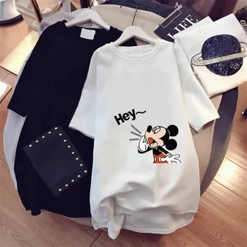 Disney Cartroon Letní-Krátký rukáv T-tričko Mickey Mouse Dámské Volné Dna Košile Ležérní Streetwear Žena Femme Tee Tops