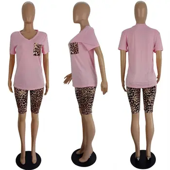 Leopard Tisk V-Neck Krátké Rukávy T-Shirt Skinny Kalhoty Ženy Oblek Evropské A Americké Sportovní Dvoudílný Set