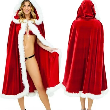 60-90-120cm Červený Samet s Kapucí Cape Plášť Sexy Santa Cosplay Vánoční Kostýmy Dámské Karnevalové Párty Clubwear