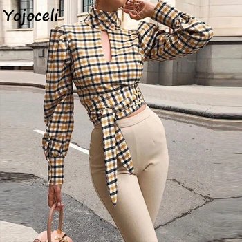 Yojoceli ležérní streetwear kostkované luk halenky, košile, ženy stojan límec luk s hlubokým výstřihem halenky ženy blusas topy