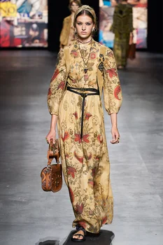 Dlouhé Šaty Runway Designer Jaře Nové Ženy Módní Party Vintage Elegantní Tiskové Slim Šaty