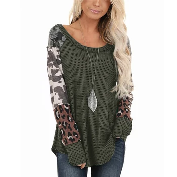 Podzimní a zimní móda ženy kulatý výstřih barva odpovídající leopard dlouhý rukáv T-shirt top