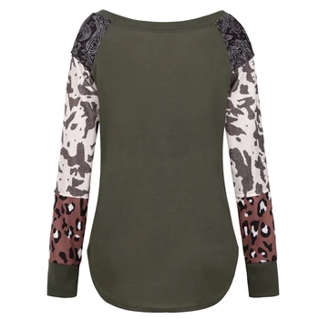 Podzimní a zimní móda ženy kulatý výstřih barva odpovídající leopard dlouhý rukáv T-shirt top
