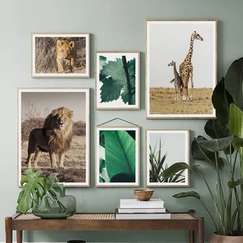 Lev, Žirafa, List Rostliny Přírodní Krajiny Wall Art Malířské Plátno Nordic Plakáty A Tisky Zeď Obrázky Pro Obývací Pokoj Dekor