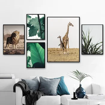 Lev, Žirafa, List Rostliny Přírodní Krajiny Wall Art Malířské Plátno Nordic Plakáty A Tisky Zeď Obrázky Pro Obývací Pokoj Dekor