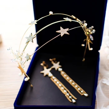 Zlatá barva Jednoduché Koruna S Náušnice Hvězdy Svatební Čelenka Svatební Vlasové Doplňky Čelenka Móda Korun, Dívka, Vlasy, Šperky