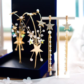 Zlatá barva Jednoduché Koruna S Náušnice Hvězdy Svatební Čelenka Svatební Vlasové Doplňky Čelenka Móda Korun, Dívka, Vlasy, Šperky