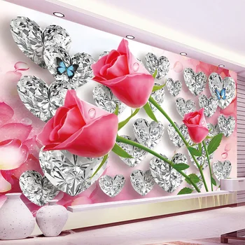 3D Tapety Romantické Stereo Diamond Růže Tvůrčí Fotografie Nástěnné Svatební Dům Ložnice Home Dekor Zeď Tkaniny Papel De Parede