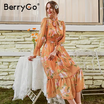 BerryGo Příležitostné motýlek boho ženy šifon šaty Trubka rukáv prohrábnout slim ženské tele šaty Dovolené styl-line dámské šaty