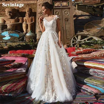 Sevintage Nášivky Krajky Boho Svatební Šaty Illusion Scoop Plus Velikost Svatební Šaty Tlačítka Zpět Zamést Vlak Svatební Party Šaty
