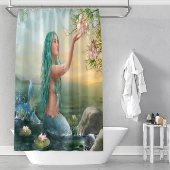 Hot prodej karikatura mořská panna sprchový závěs vodotěsné tisk koupelna oddíl závěs závěs více specifikace