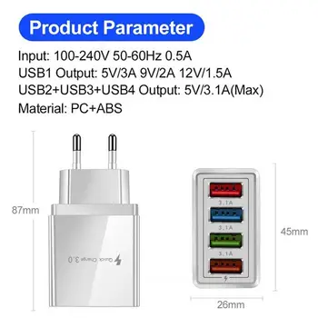 4-Port USB Wall QC3.0 Rychlé Nabíjení USB Elektrickou Zástrčku A Kabel, Cestovní USB Výstupní Konektor Pro IPhone Samsung LG