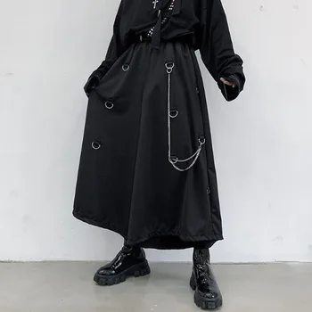 Homens de metal corrente kauzální solto ležérní perna larga calça masculina estilo japonsko streetwear gothic punk kimono saia calças