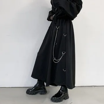 Homens de metal corrente kauzální solto ležérní perna larga calça masculina estilo japonsko streetwear gothic punk kimono saia calças