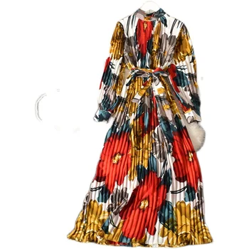 2021 Jaře Ženy Skládaný Šaty Dámy Svetr s Límcem Květinové tisk Dlouhý Rukáv Šifon Vintage Střední-tele Dlouhé Šaty