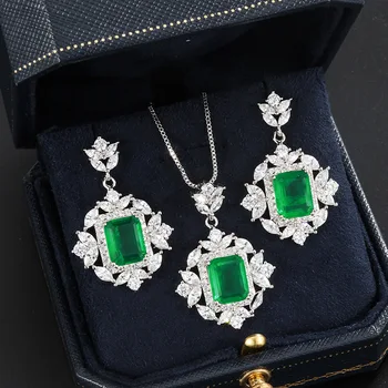 Wong Dešti 925 Sterling Silver Vytvořil Moissanite Drahokam Smaragd Náušnice/Kroužky/Náhrdelník Svatební Šperky Soupravy Velkoobchod