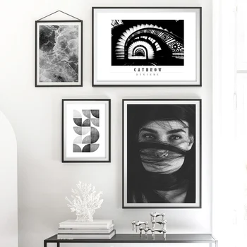 Brunetka Točité Schodiště Vlna Černá Bílá Nordic Plakáty a Tisky Wall Art Malířské Plátno Nástěnné Obrázky Pro Obývací Pokoj