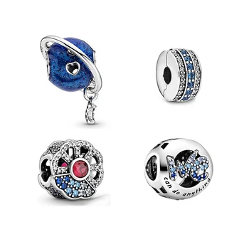Nové 925 Sterling Silver Korálky Rose Modrá Planeta Bezpečnostního Řetězce Klip Houpat Kouzlo Fit Pandora náramek Náramek DIY Ženy Šperky