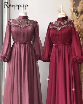 Elegantní Dlouhé Večerní Šaty 2020 Vysoká Krk Dlouhý Rukáv Korálky Muslimské Vínová Šifon Ženy Formální Šaty