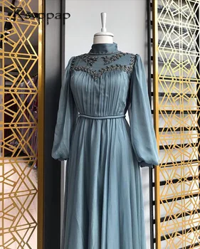 Elegantní Dlouhé Večerní Šaty 2020 Vysoká Krk Dlouhý Rukáv Korálky Muslimské Vínová Šifon Ženy Formální Šaty