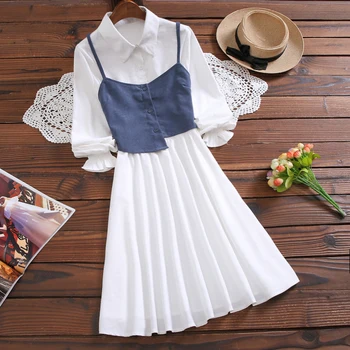 Japonsko styl podzim módní roztomilé pevné šaty nové příjezdu dlouhý rukáv vestidos ženy vintage