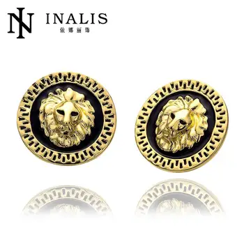 INALIS Rose Gold Barva Lví Obličej Černé Pozadí Kulaté Náušnice E963-B