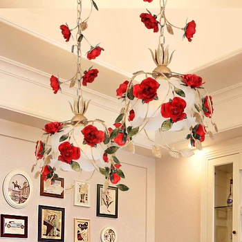 Rustikální Venkovské Francouzské Restaurace, Bar Dekorace Lampa Červená Růže Květ, Led Přívěsek Světlo Kuchyň Moderní Schodiště, Balkon Na Chodbě