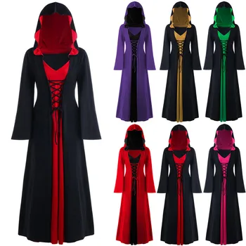 Dámské Středověké gotické Kostýmy Plus Velikosti Halloween s Kapucí Krajky Patchwork Cosplay Dlouhé Rukávy Roucha Antické Dlouhé Šaty#g3