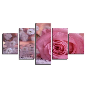 Canvas HD Vytištěný Plakát Home Decor 5 Kusů Růžové Růže Kapky Vody Malování na Zeď Art Květy Obrázky, Obývací Pokoj Modulární Rám