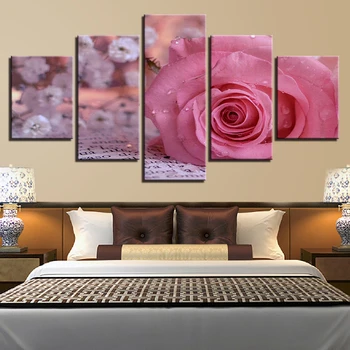 Canvas HD Vytištěný Plakát Home Decor 5 Kusů Růžové Růže Kapky Vody Malování na Zeď Art Květy Obrázky, Obývací Pokoj Modulární Rám