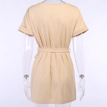 2020 Summer Solidní Šaty Ženy Krátký Rukáv O-neck Mini Šaty pás Pás Taška Módní Ležérní Šaty Ženy Streetwear Vestidos