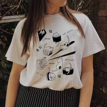 Sushi A Kočka Kreslený Zvíře Roztomilý Anime Bílých Odpališť Slogan Letní Japonské Kawaii Grunge Grafické Tee Tops Citát Oblečení