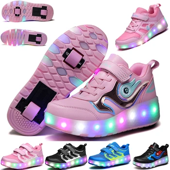 Děti LED Světla Tenisky Dvě Kola Chlapci Dívky Roller Skate Ležérní s Válečkem Děti, Holka, Sport, Boty, USB Nabíjení, velikost 27 až 43#