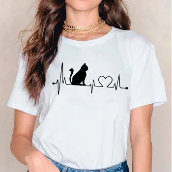 T Košile pro Ženy, T-košile Kočka Tlukot srdce Láska Legrační 90 Roztomilý Trend Dámy Print Lady Dámské Graphic Top Female Tee T-Shirt