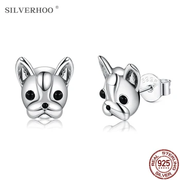 SILVERHOO 925 Sterling Silver francouzský Buldoček Pes Zvíře Malé Náušnice Pro Ženy Černá CZ Roztomilé Náušnice Stříbro 925 Šperky