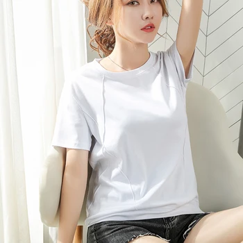 Bavlněné Tričko Ženy Patchwork Korejské Oblečení 2020 Nový Krátký Rukáv Letní Topy Módě T-Shirt Ženy Plus Velikost Tee Shirt Femme