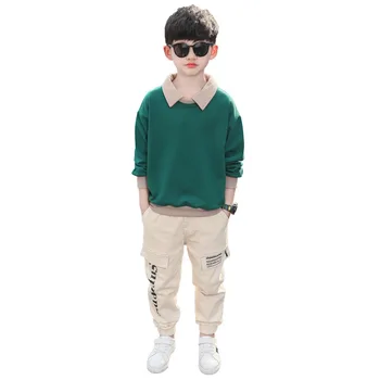 Dětské oblečení na Podzim nové chlapce ležérní kontrast barevné klopový mikina + kombinézy, dvoudílné