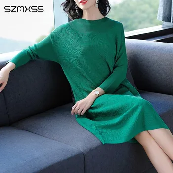Pletené šaty ženské 2018 podzim a v zimě nový korejský ležérní elegantní dlouhé Šaty plná barva O-neck dlouhý rukáv nad kolena šaty