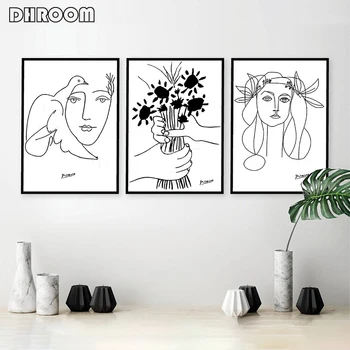 Picasso Line Art Kreslicí Plátno Umění Tisků Skic Žena Kytici Mír Obraz, Plakát Minimalistický Zeď Umění Doma Zdi Dekor